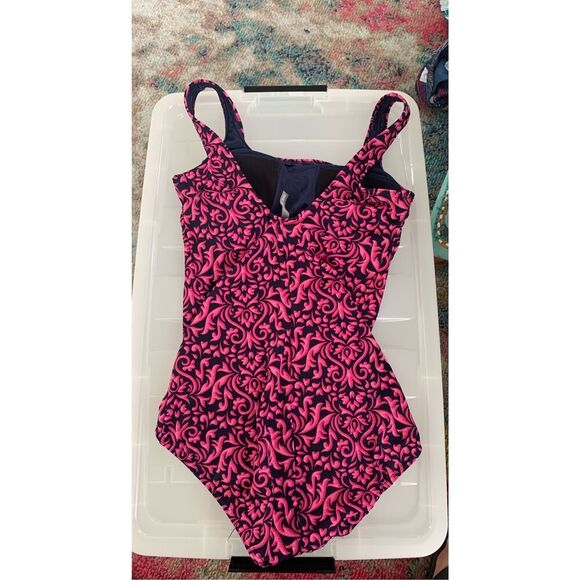 Women's Lands End Pink Navy Hobo Printed One Piece Bathing Swimsuit - Picture 2 of 10